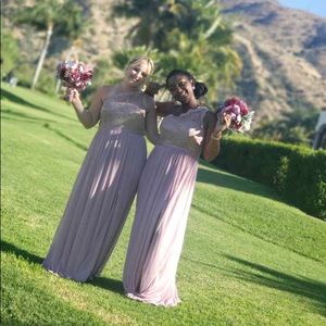 Long one strap metallic rose gold dress with Slit